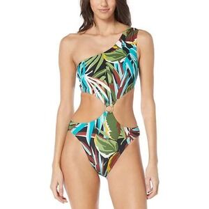 Vince Camuto One Shoulder Cut Out Swimsuit Tropical Print One Piece Size 12